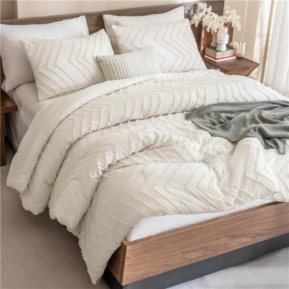 King Size Comforter Set Beige, Boho Cream Soft Warm Tufted Neutral - Picture 1 of 8